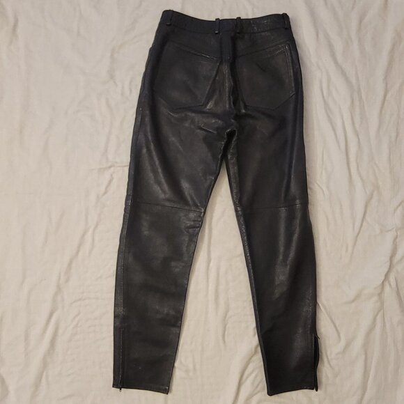 GUESS REAL LEATHER JEANS Y2K Zip Ankle Triangle Pants Black MOTO - Picture 8 of 15